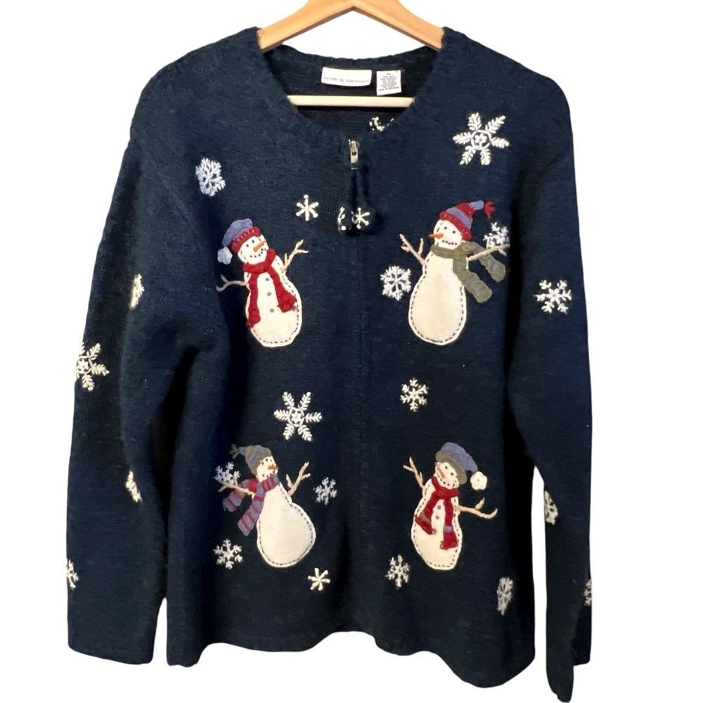 Vintage Croft & Barrow Snowman Zip Cardigan Sweater Size M Christmas Holiday